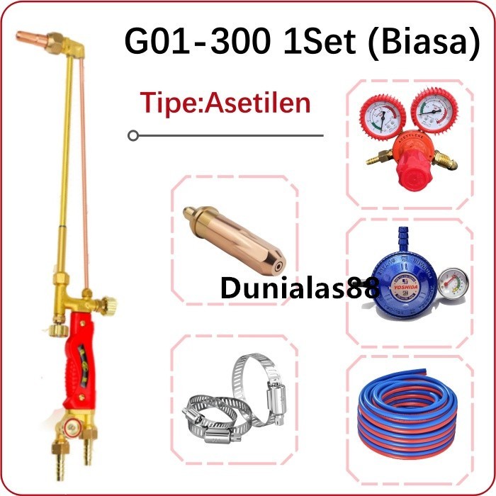 1SET G01-300 Gas Cutting Torch ada Nozzle Klem Regulator Double Selang Stang Las Blender Potong Gas 