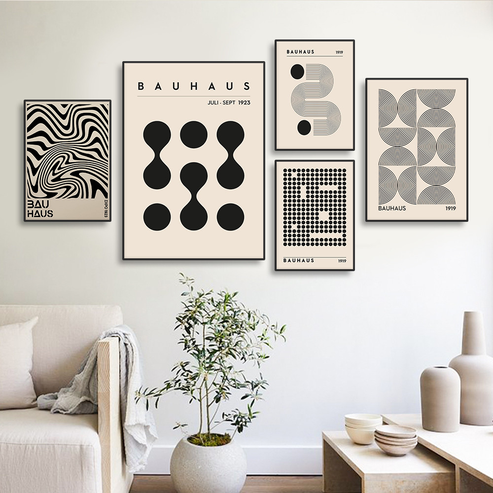 

Abstract Bauhaus Style Geometric Wall Art Posters Prints Picture Vintage Black Beige Line Canvas Paintings For Modern Home Decor