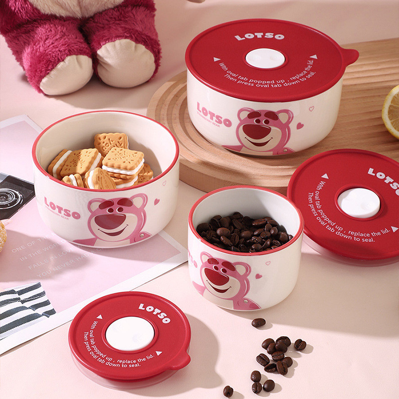 Mangkuk Keramik Kartun dengan Tutup CERAMIC BOWL LID WITH HANDLE Lotso ceramic container set bowl ma