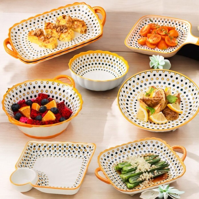 Yelo D Peralatan Makan Keramik Mewah Motif Bintik Polkadot Biru Kuning Piring Mangkok, dan Piring Sa