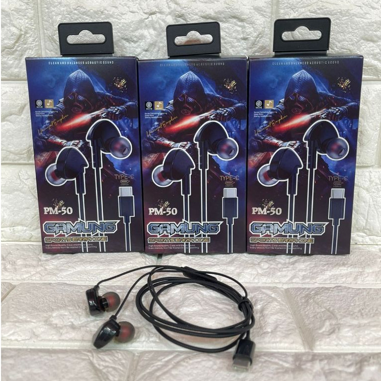Handsfree Gamung Sport Earphone PM-50 + Mic Headset Stereo Sound Quality Konektor Type C