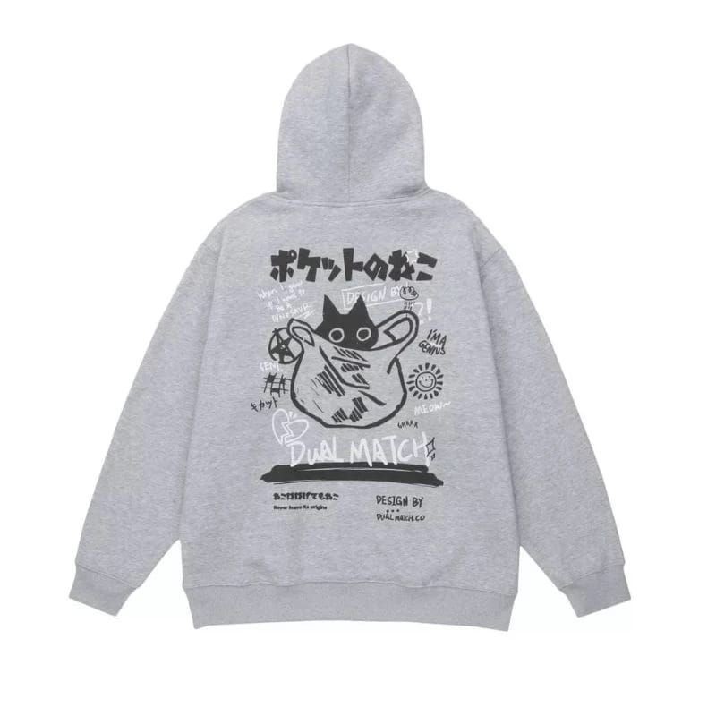 Japanese Style Sweater Harajuku FUNNY CAT Print Pullover Hoodie Casual Pria Wanita
