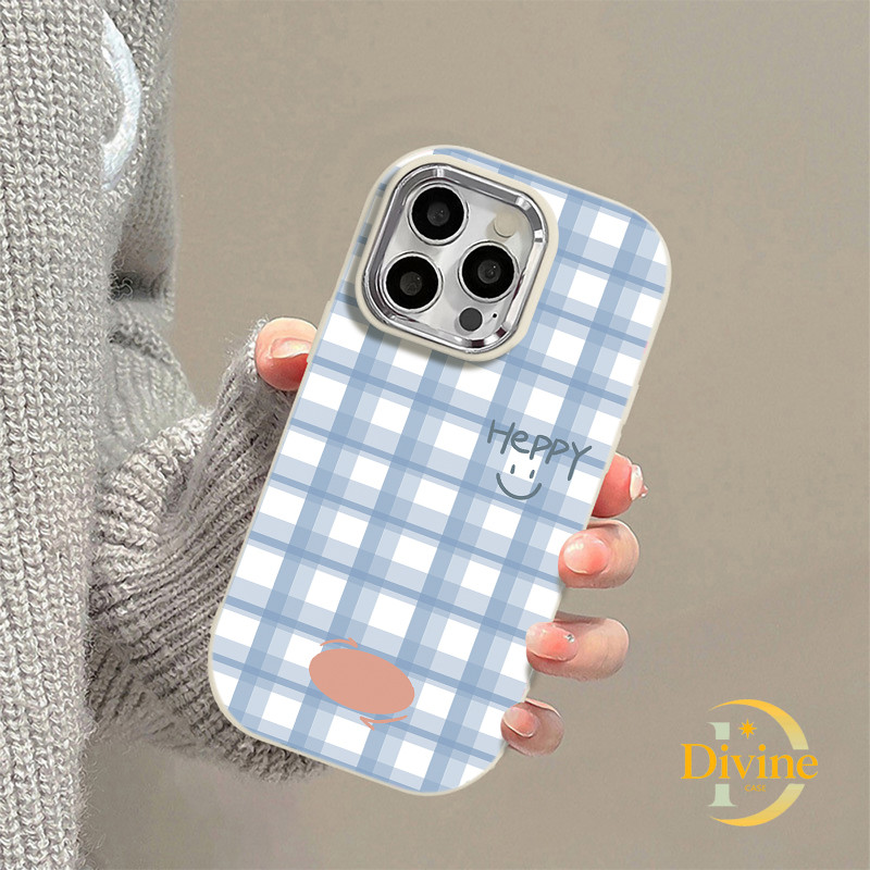 Casing IPhone Senyum kotak-kotak biru Soft Case Lucu Chubby Case untuk IPhone 11 12 13 14 15 Pro Max