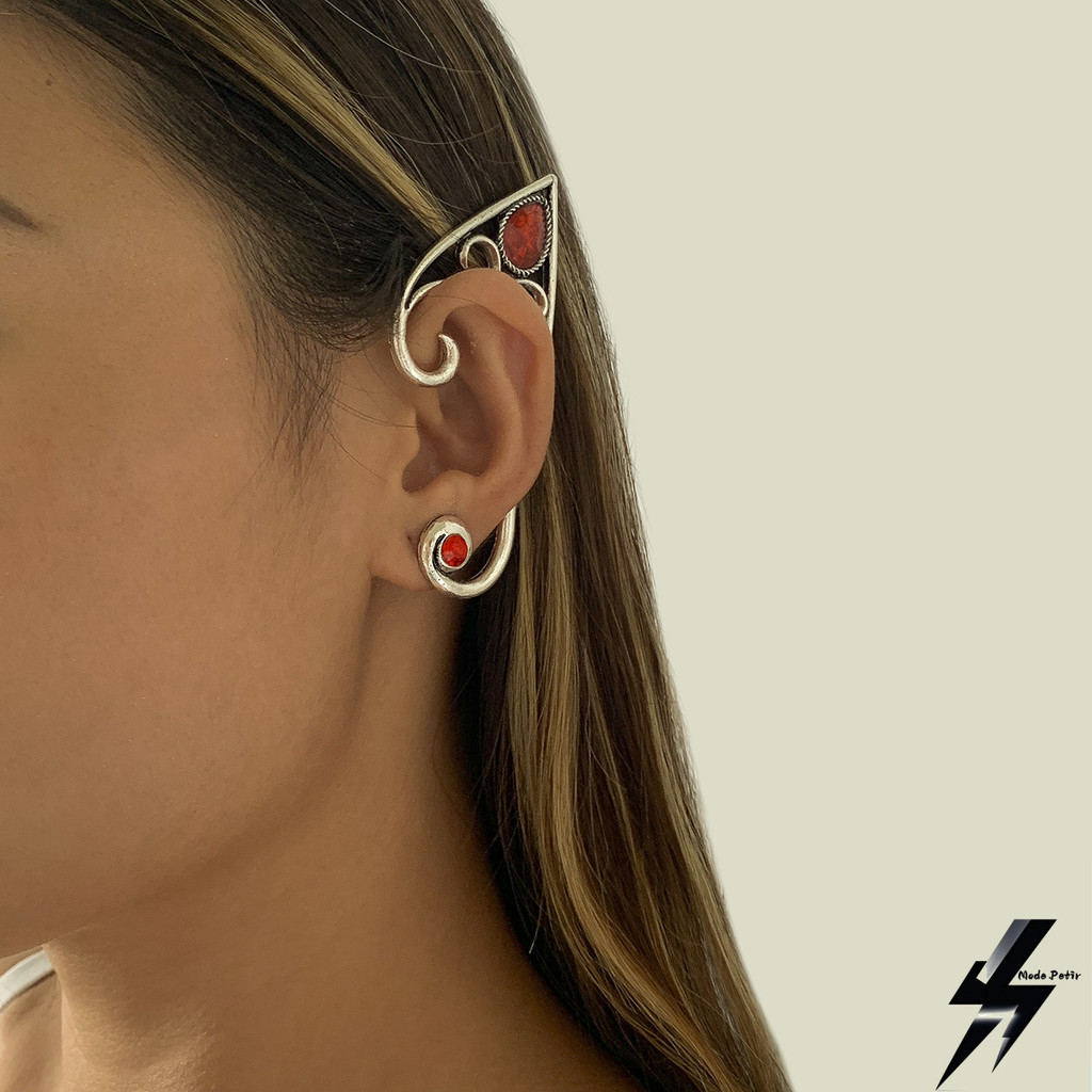 Anting-anting Eropa dan Amerika retro merah batu permata paduan telinga menggantung klip telinga, lu