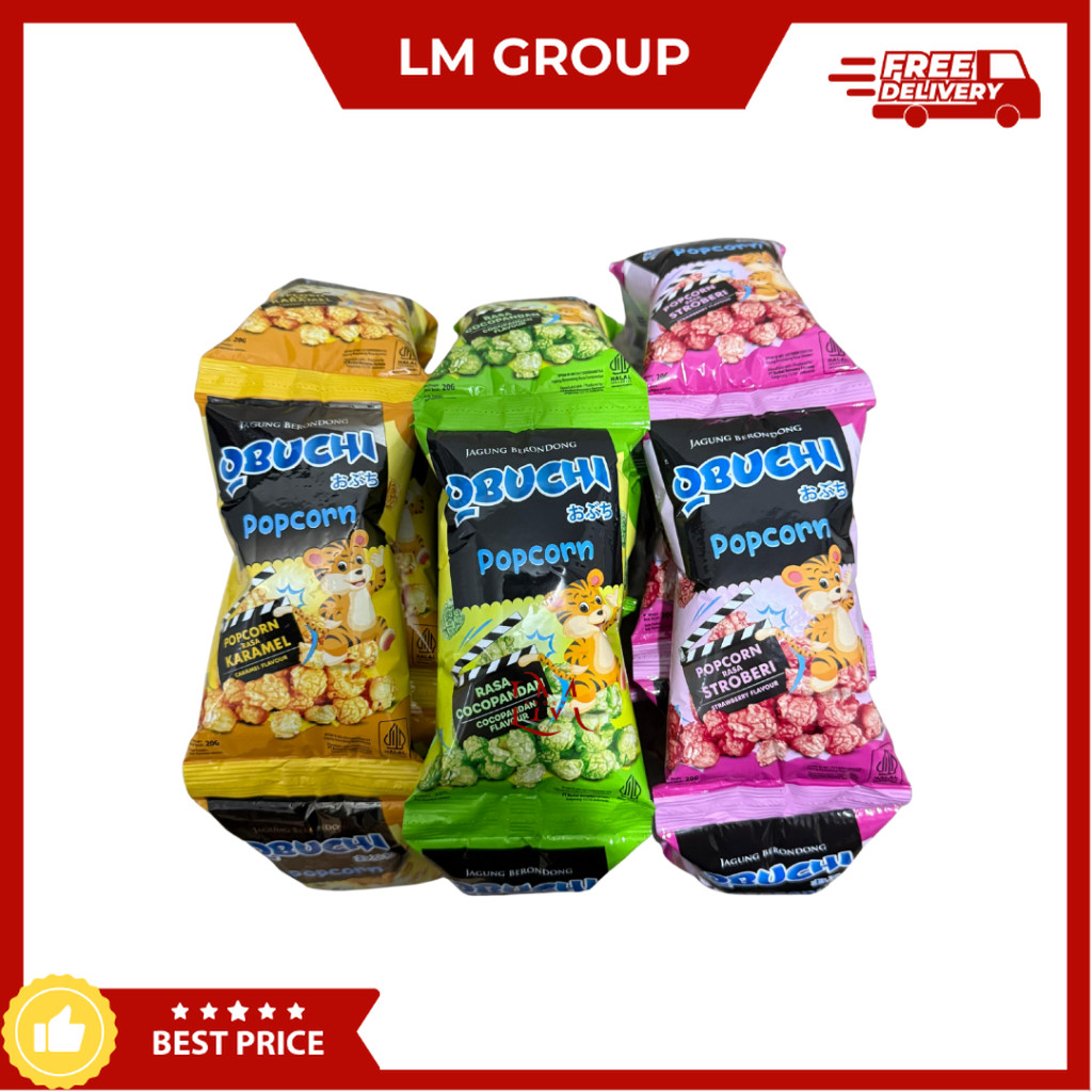 

Obuchi Popcorn Rasa Cocopandan/Caramel/Stroberi/Keju/Cokelat 1 Renceng isi 10 pcs 20gr LM Snack Grosir