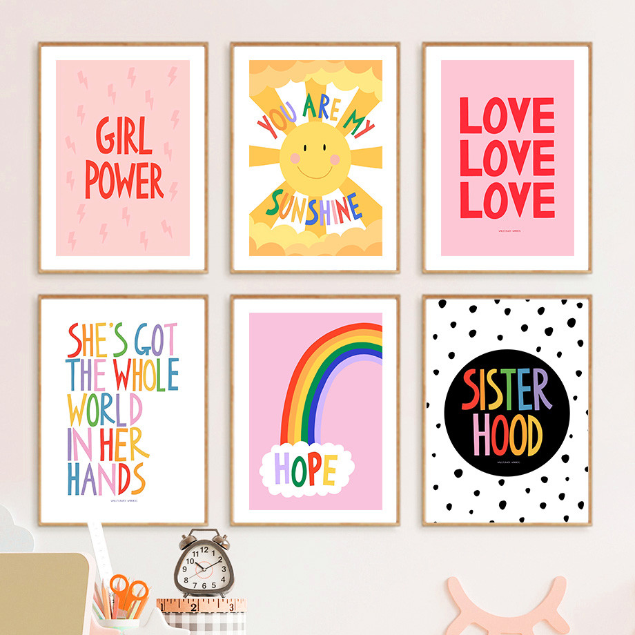 

Rainbow Sun Girl Power pirational Quote Nursery Posters And Prints Wall Art Canvas Painting For Kids Room Decorative Pictures