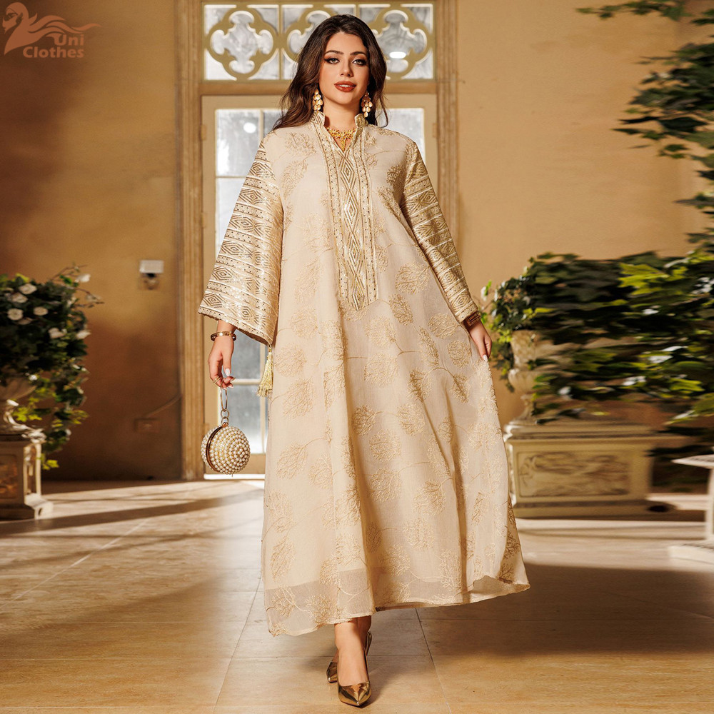 Uni Ramadan Dubai Embroidery Sequins Maxi Dress Dubai Casual Loose Abaya Muslim Woman Costume Dresse