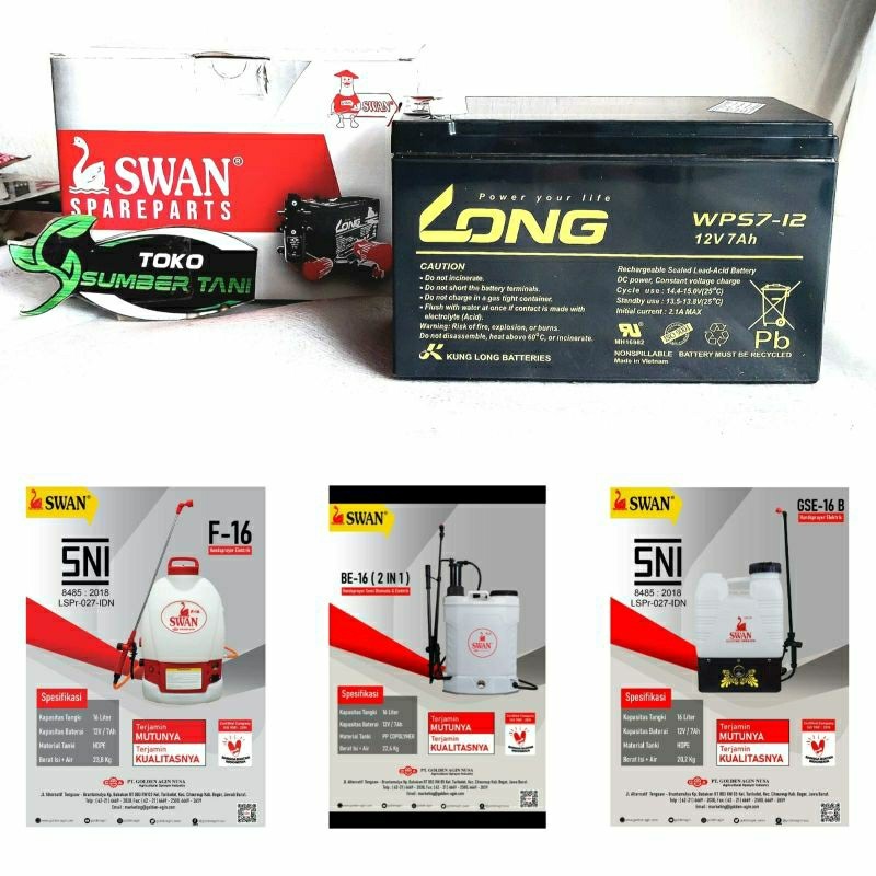 Baterai Aki Kering Long Semprotan SWAN Elektrik 12v 7Ah Sprayer F-16, BE-16, GSE-16