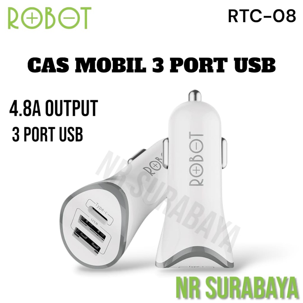 ROBOT Car Charger 3 Port Fast Charging Mobil Type C Micro Adapter Charger Mobil RT-C08 Car Charger C