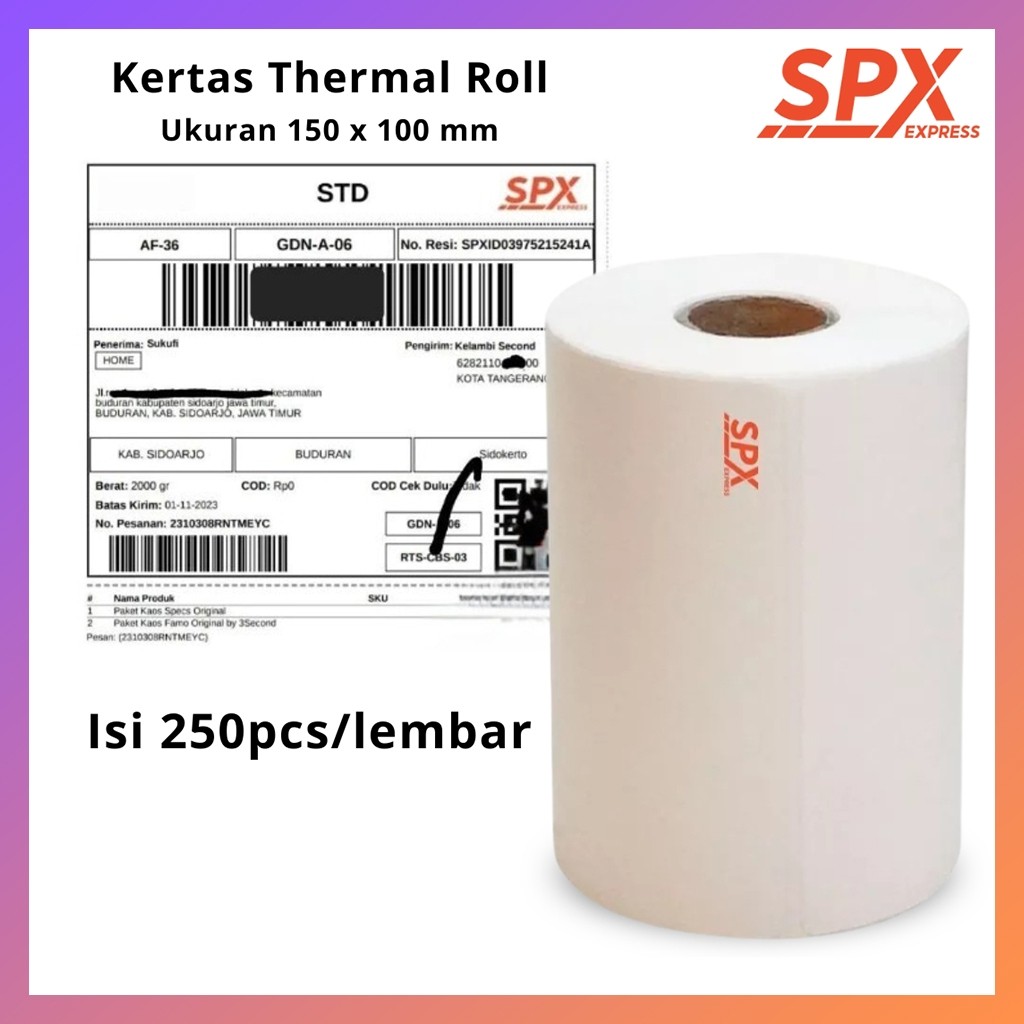 

Kertas Thermal Roll 250 Lembar Ukuran A6 120mm 150mm Kertas Label Printer SPX Isi 250 Pcs