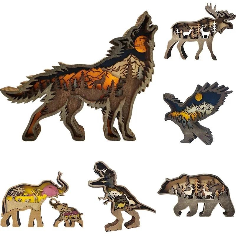 Wolf Totem Wooden Hollow ristmas Animal Creativity Desktop Home Carving Crafts Decor LED Living Room