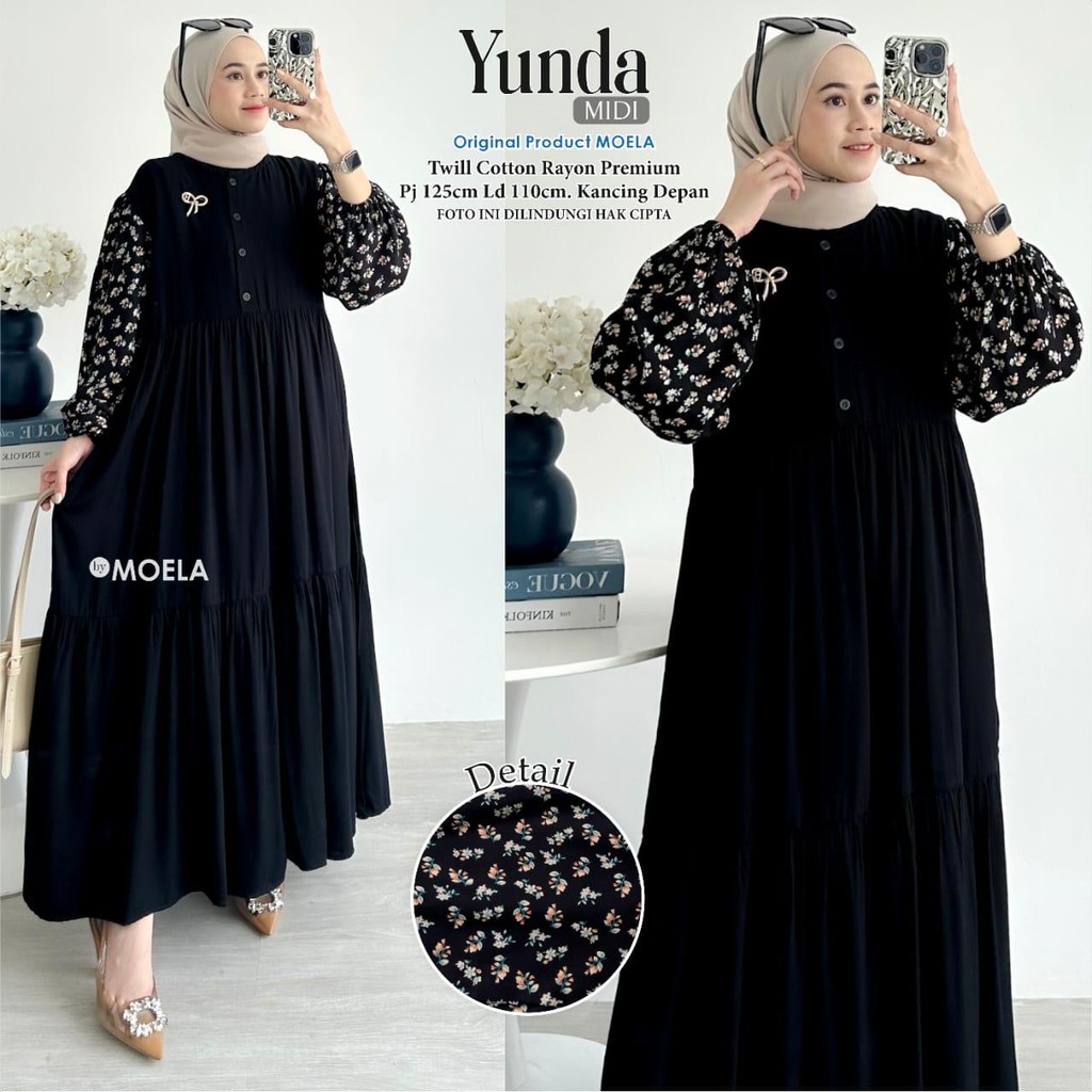 ORI MOELA-Gamis Midi Muslim Wanita Terbaru Adem Twill Katun Premium Hitam LD 110