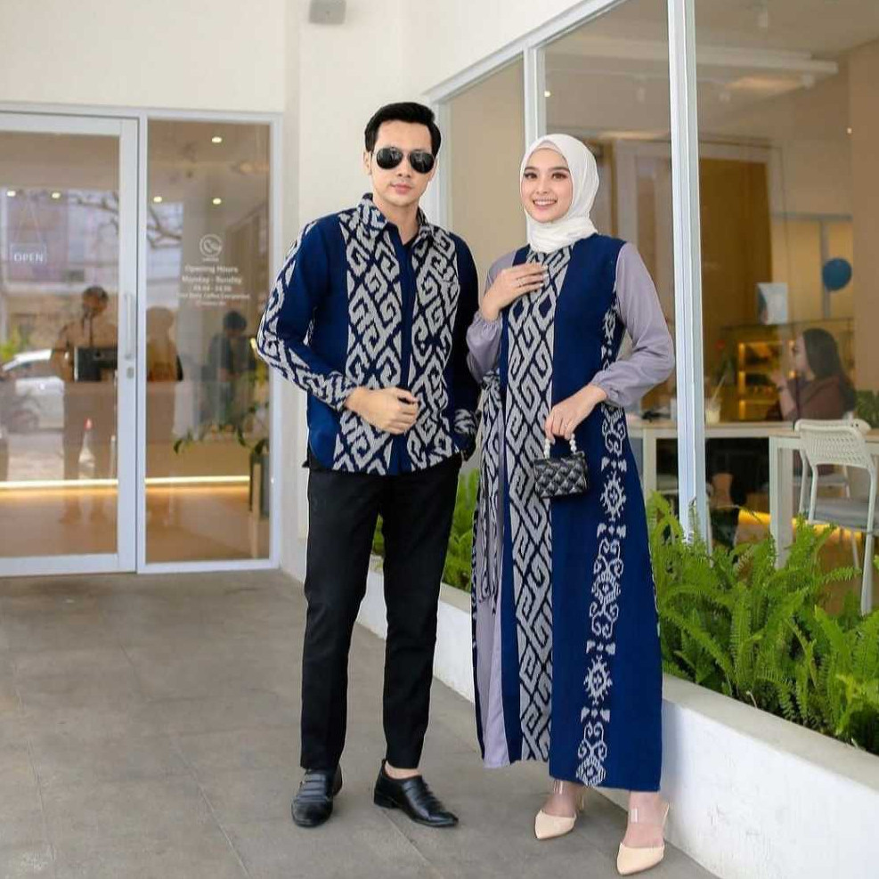 BAJU COUPLE PASANGAN KONDANGAN MUSLIM  BIRU TENUN ETNIK TERBARU