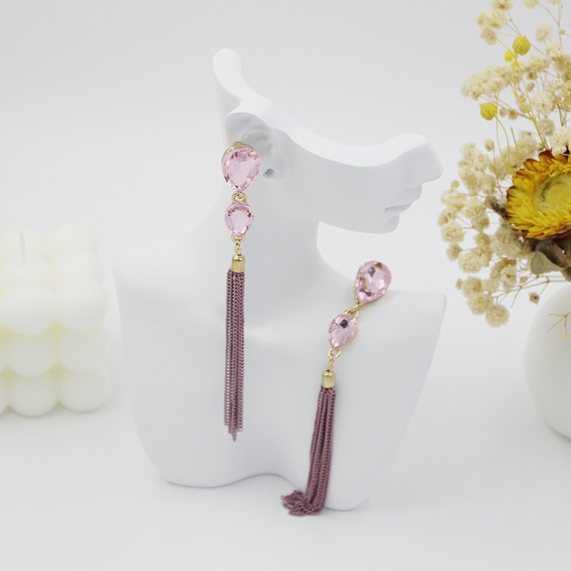 Anting-anting wanita elegan merah muda kristal anting-anting jumbai panjang m194