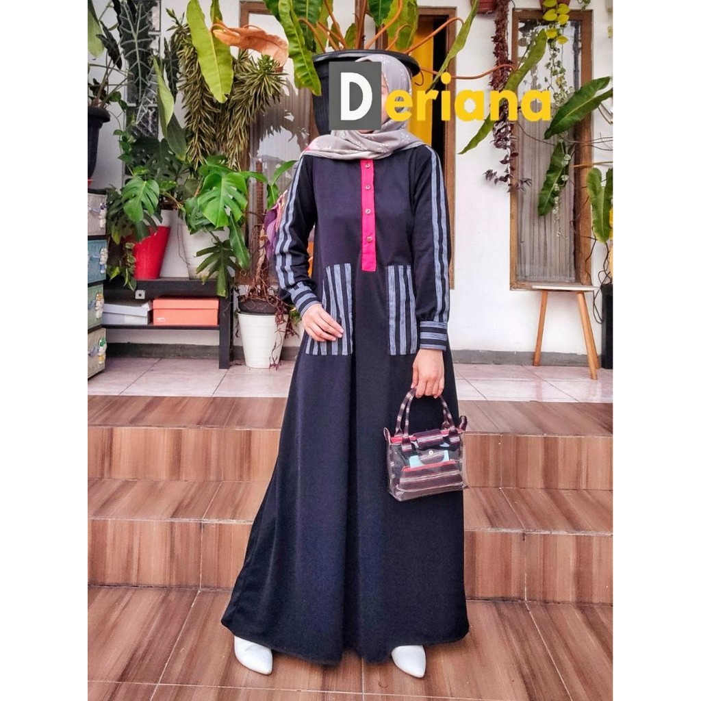 Gamis Lurik Kaos Hitam Polos Kombinasi Lurik - Maylea Dress Black Deriana