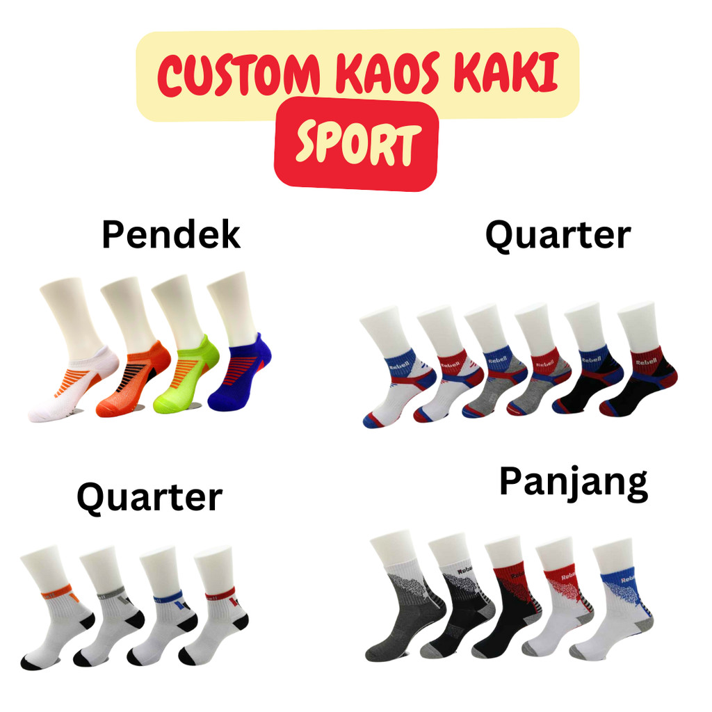 CUSTOM 1000psg Kaos Kaki Sport Olahraga Pendek Tanggung Desain Bebas