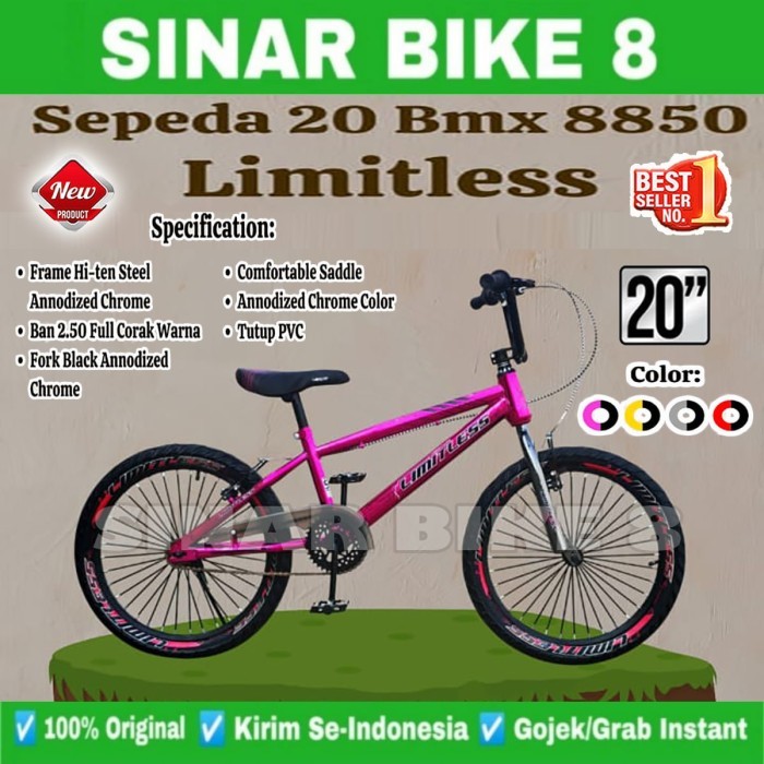 Sepeda Anak Laki Ukuran 20 Inch BMX LIMITLESS 8850 Ban Jumbo 2.50 Usia 8-12 Tahun Frame Chrome