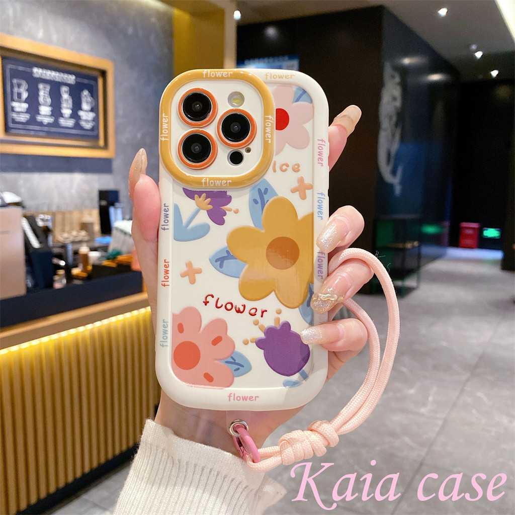 case iPhone 14 Bunga dengan tali tangan Casing ponsel cocok untuk iPhone 11 11PROMAXSoftcase Macaron