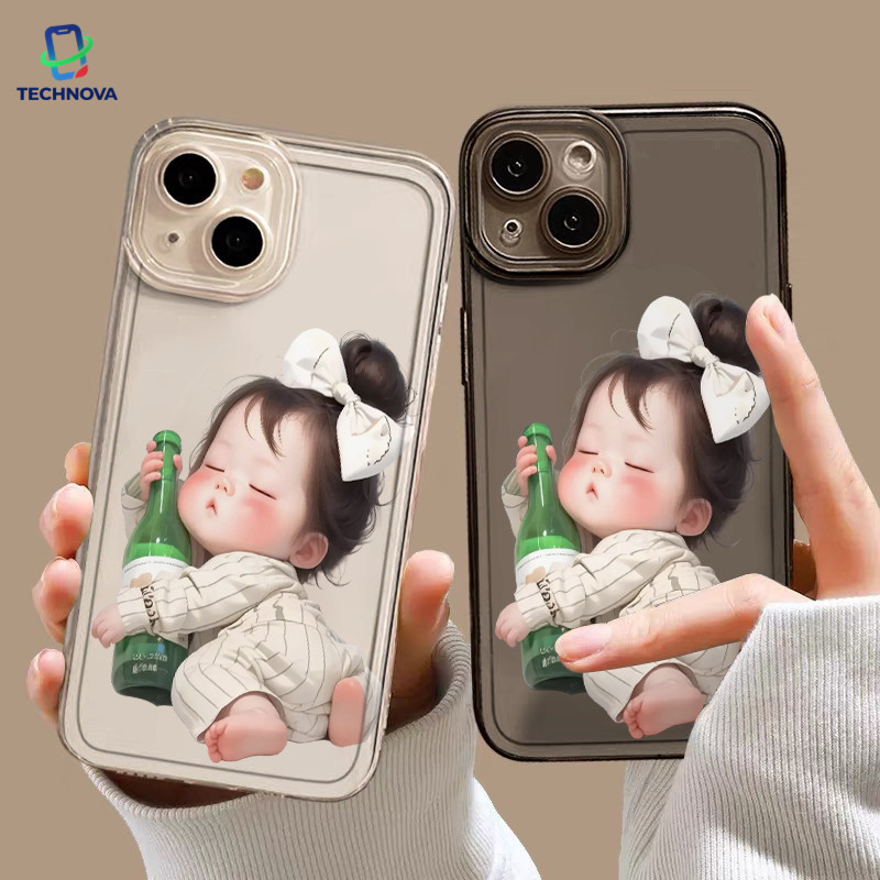 Casing IPhone Gadis botol anggur kartun Transparan Soft Case Fashion Cocok untuk iPhone 11 12 13 14 