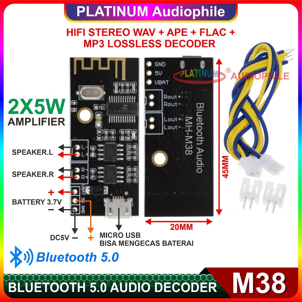 Bluetooth 5.0 Stereo Amplifier 2x 5W Modul Bluetooth Audio Receiver MP3 Lossless M38