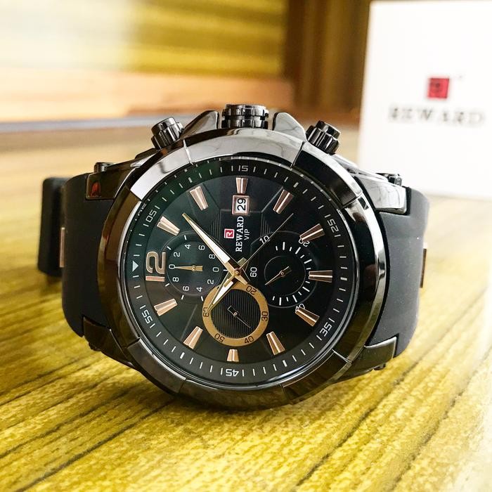 Jam Tangan Pria Original REWARD Bayonet Hitam Black Analog Quartz Baterai Chronograph Chrono Aktif K