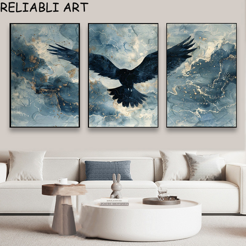 

Abstract Marble Line Eagle Bird Animal Poster and Prints 3 Panels Wall Art Canvas Painting for Living Room Home Decor No Frame
