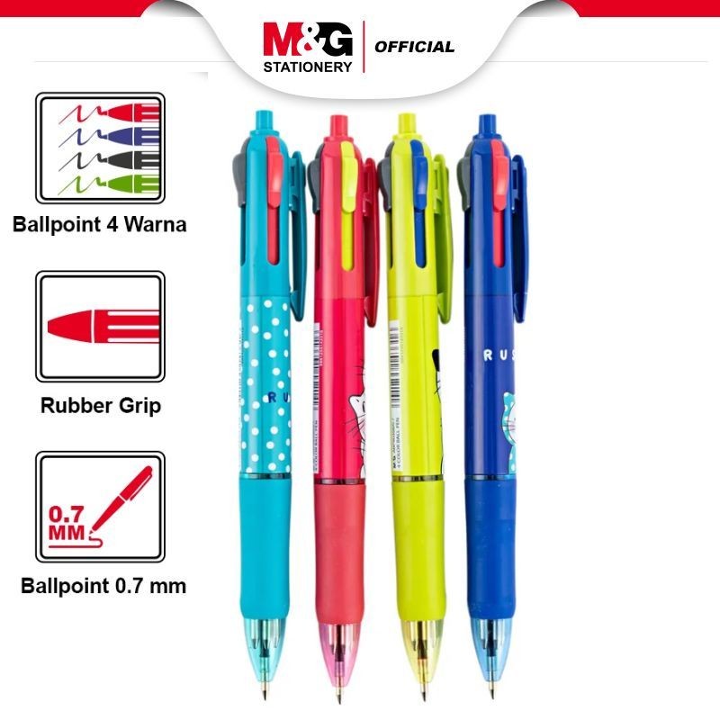 

M&G ""SO MANY CATS"" 4 Colors In 1 Ball Pen Retractable Comfort Rubber Grip 0.7mm Pen Cetek 4 in 1