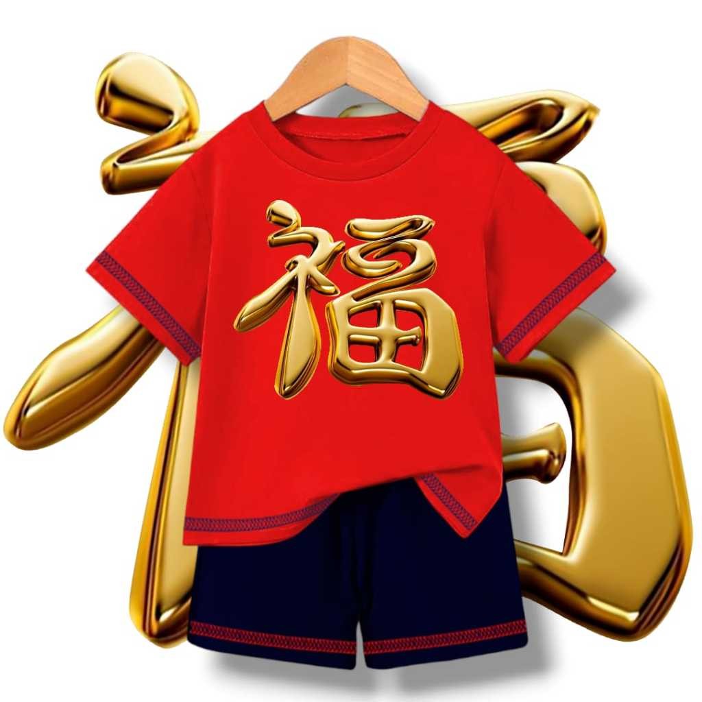 Zoikids - Setelan anak anak gambar Motif Sablon DTF HQ kaos Tulisan cina fuk hoki imlek Set Baju usi