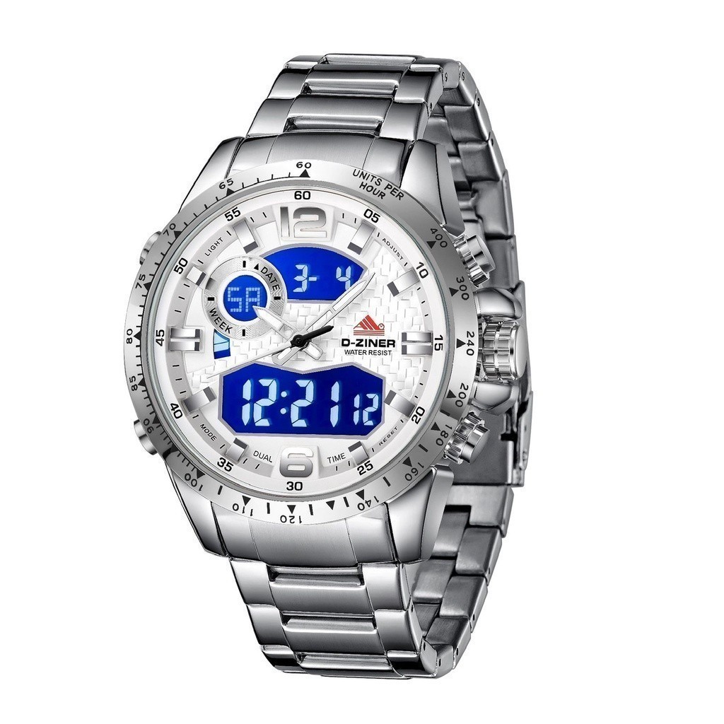 Original 100% Jam Tangan Pria Dziner 8306 Double Time Rantai Stainless Steel Original 3 Atm