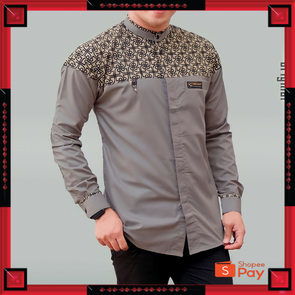 [PREMIUM ORIGINAL] Baju Kemeja Koko Pria Lengan Panjang Kombinasi Batik Klasik Motif Bima S M L XL