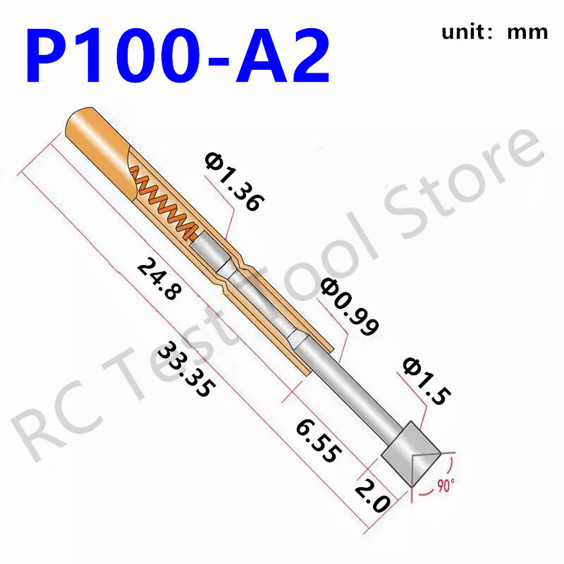 100PCS P100-A2 Spring Test Probe P100-A Test Pin PCB Test Tool 33.35mm Dia 1.36mm Nickel Plating Hea