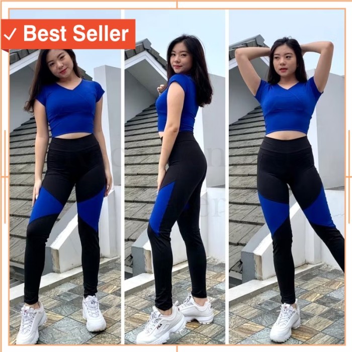 BAju Sport Kekinian Keren Unik Style Korea tebal awet /Setelan Olahraga Wanita Baju Senam + Celana L