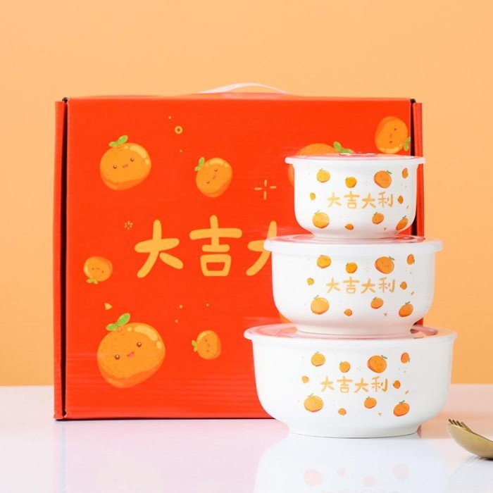 

Mangkuk keramik set 3in1 hadiah Natal / imlek / hampers plus gift box - Orange