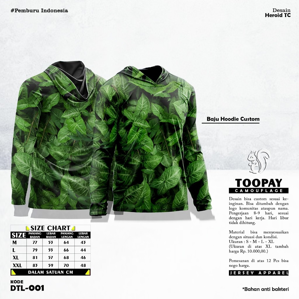 Baju Hoodie Kamuflase Hunting Camo & Kaos Berburu Lengan Panjang Camo untuk Pria Motif Daun Talas