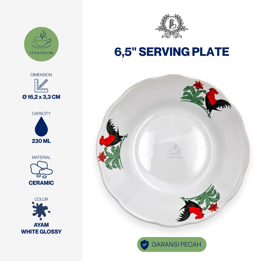 Lucky Brand Common Ware Piring Keramik Motif Ayam Diameter 6” Inch / 16,2 cm Putih Kilap Klasik Jadu