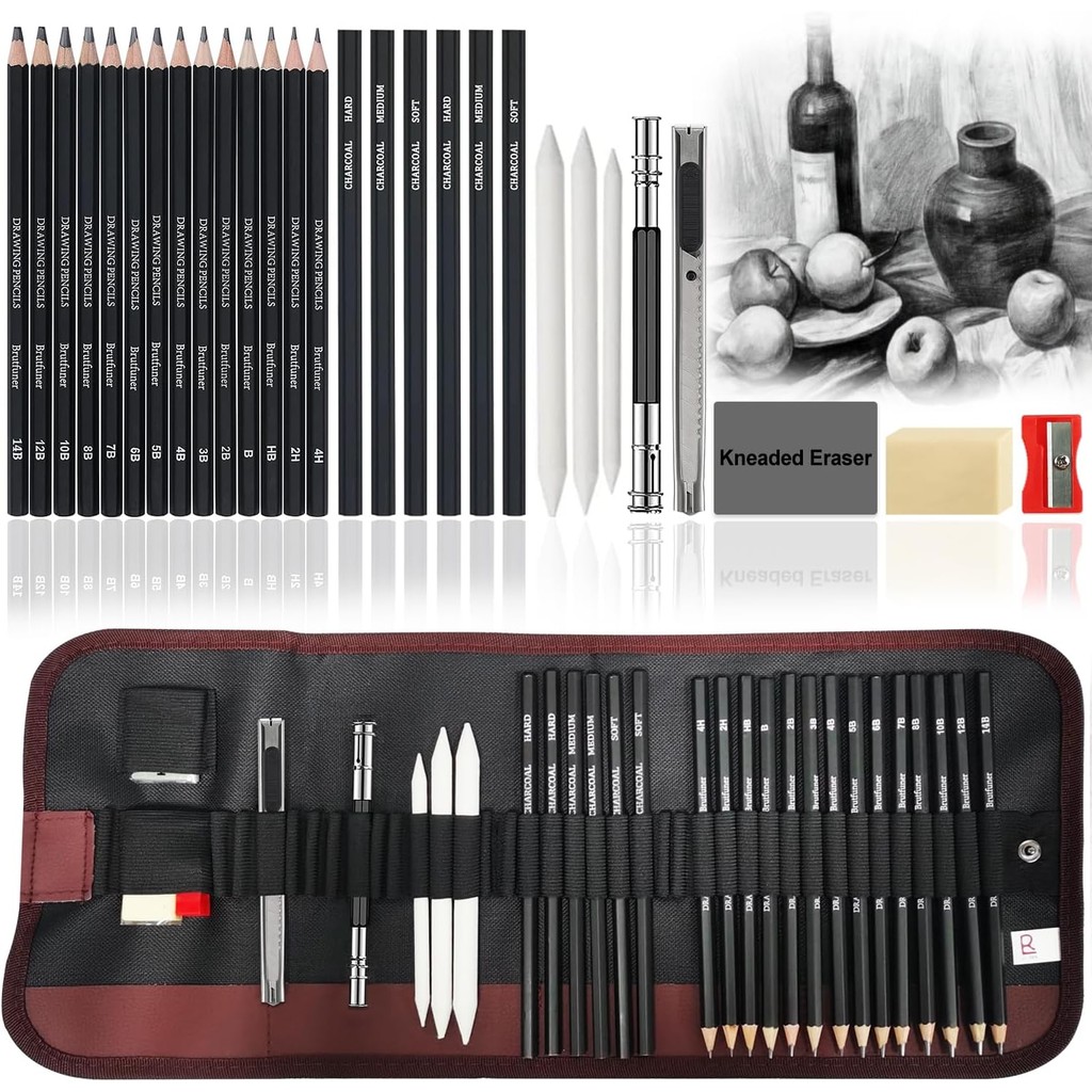 

29Pcs Drawing Kit Sketching Pencils Set,Portable Pen Curtain-Charcoal Pencils, Sketch Pencils, Charcoal Stick,Sharpener,Eraser