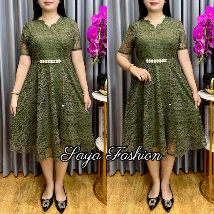 Dress Brokat Polos Non Gliter Free Belt Mutiara Gaun Pesta Kondangan Mewah 5150 - Deep Army, Standar