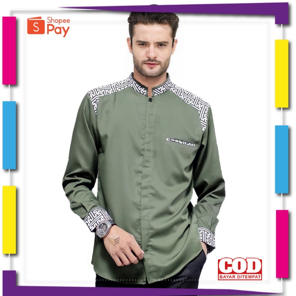 [PREMIUM ORIGINAL] Baju Koko Pria Dewasa Lengan Panjang Warna Hijau Army Terbaru Series  - Baju Musl