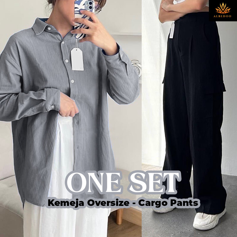 [Bundling] One Set Celana Cargo Higwaist & Kemeja Oversize Linen Crinkle