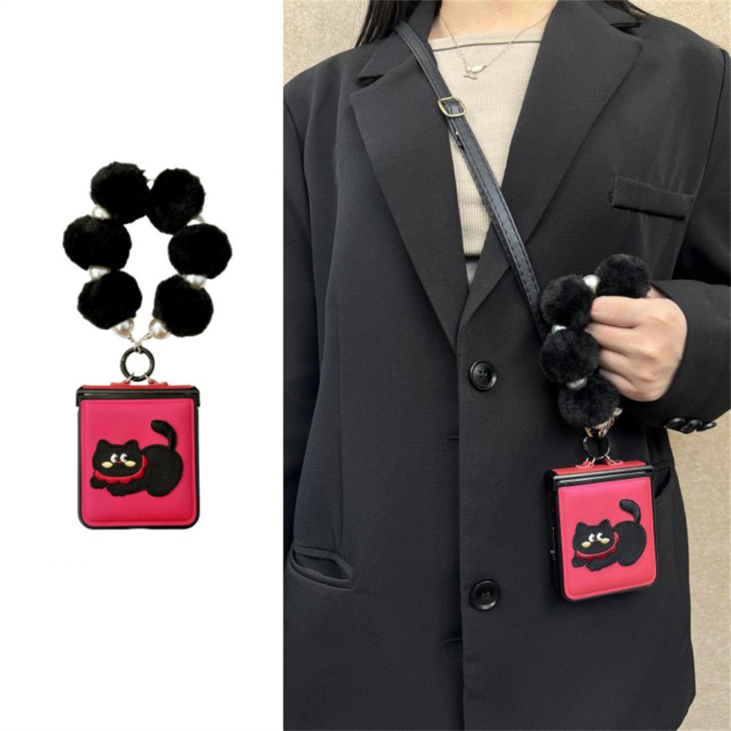 Korea Mewah Anggur Merah Hitam Kucing Bulu Mutiara Gelang Kasus Telepon untuk Samsung Galaxy Z Flip6