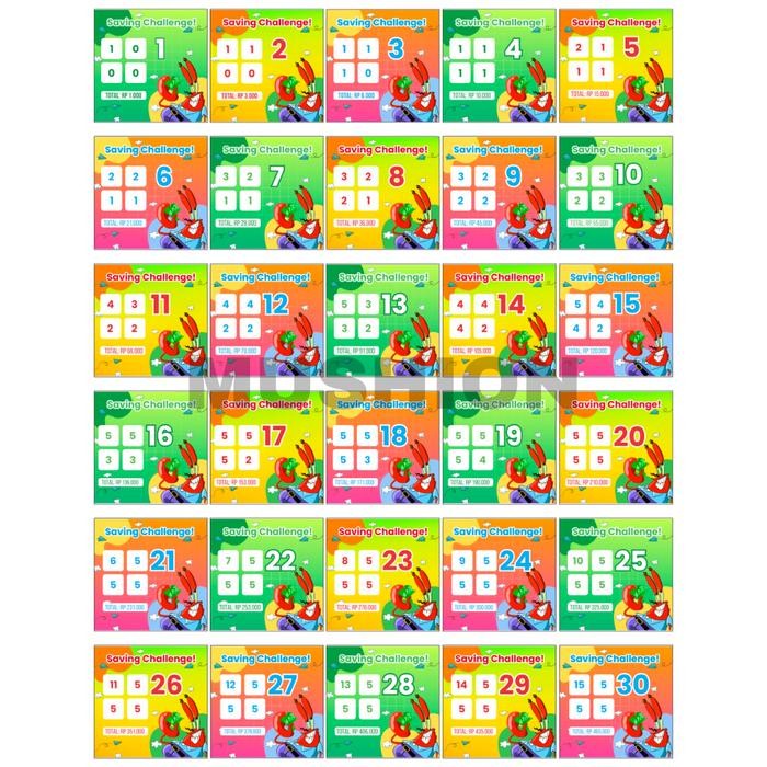 

Mushion Stiker Menabung 1–120 dan 1–240 Full Color A4 untuk Dompet Organizer & Planner Tabungan