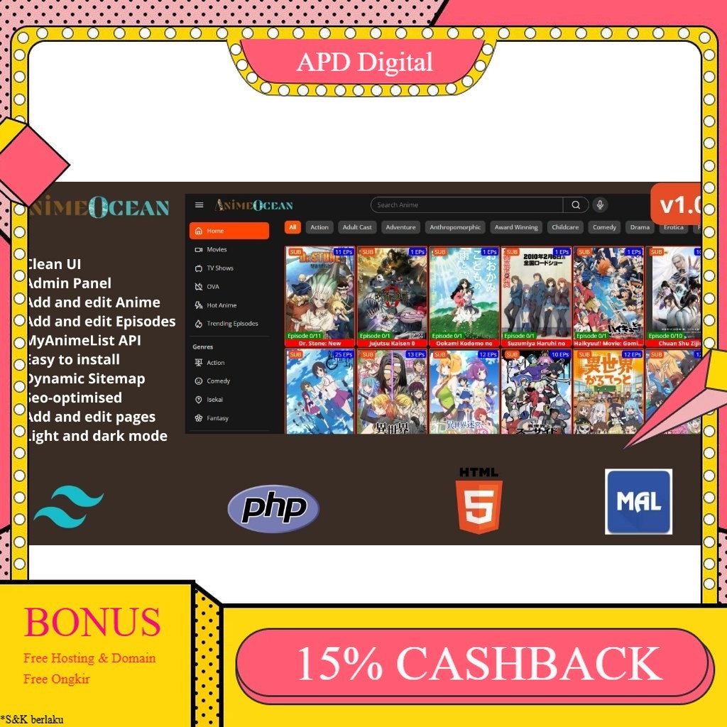 Script Website Streaming Anime dengan Database & API MyAnimeList APD Digital APD