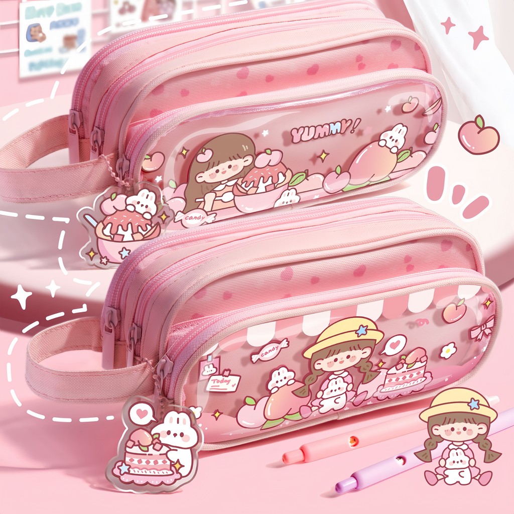 

Spacious waterproof canvas pencil case, three-layer transparent design durable stationery organizer, perfect gift for students