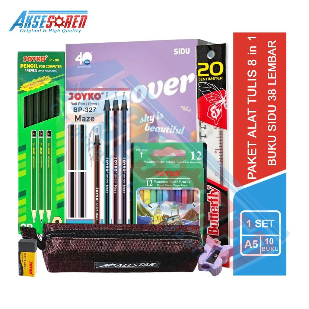 

Aksesoren Paket Buku Tulis Sinar Dunia 38 Lembar + Alat Tulis [1 Set/8 in 1] / Stationery / Buku Pensil Ballpoint Rautan Penggaris Pensil Warna Penghapus / Buku Kwarto A5 / Buku Isi 10 Buku / 1 Box Pulpen Tinta Hitam / Tempat Pensil