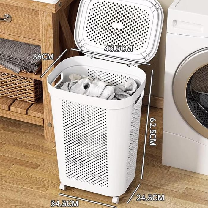 Tempat Keranjang Baju Pakaian Bahan Plastik Laundry Bak Keranjang Dengan Tutup dan Roda / 5480 5481 