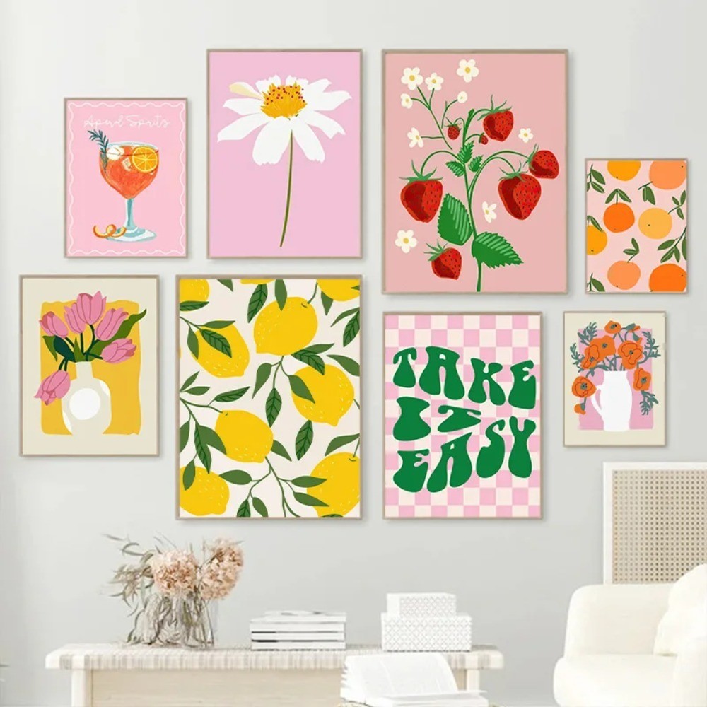 

Colorful Lemon Strawberry Flower Modern Canvas Painting Norc Posters Bedroom Wall Arts Decor