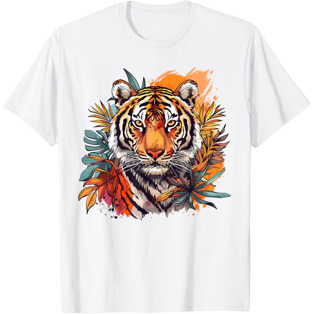 T-shirt santai bergambar kepala harimau