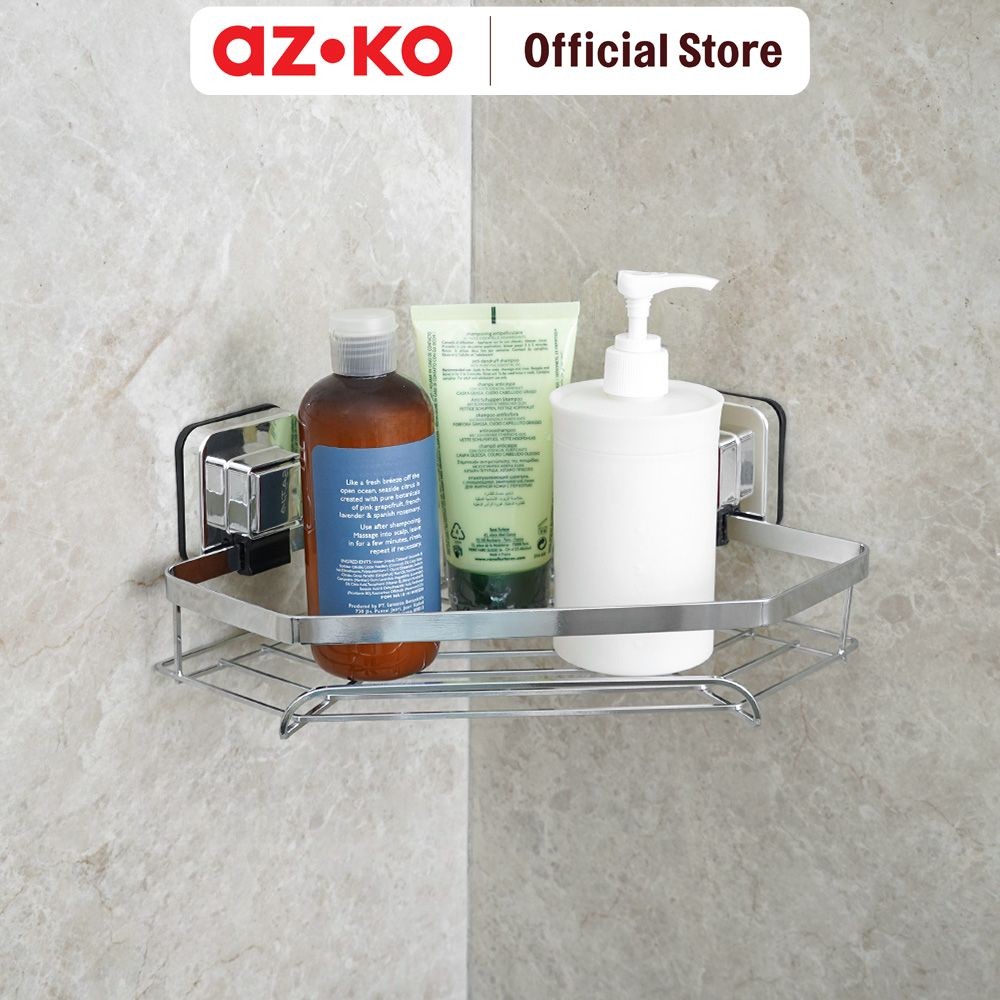 AZKO Stora Rak Sudut Kamar Mandi Pushloc Suction Shower Wall Shelf Corner Rak Tembok Serbaguna Akses