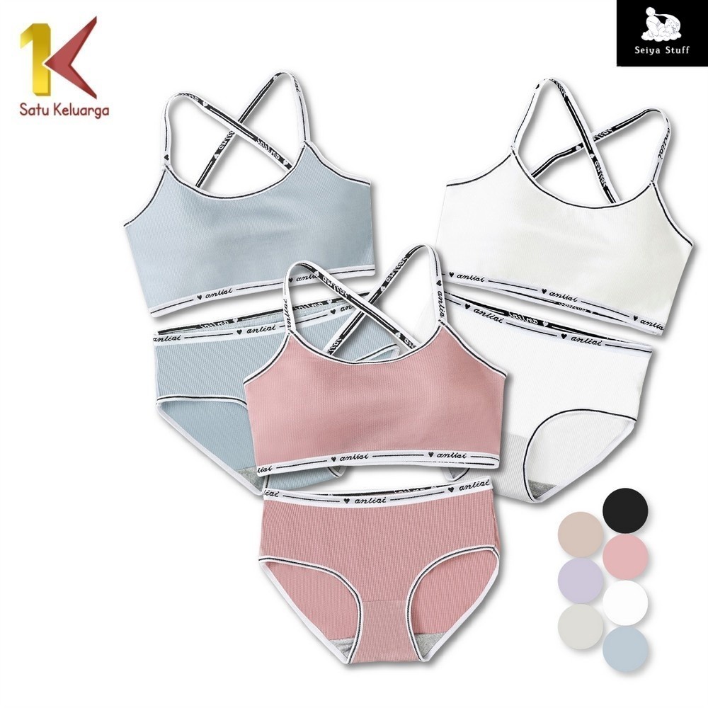 1K Bra Set Celana Dalam P169 Bralette One Set Wanita Tali Silang List Putih BH Tanpa Kawat Wanita