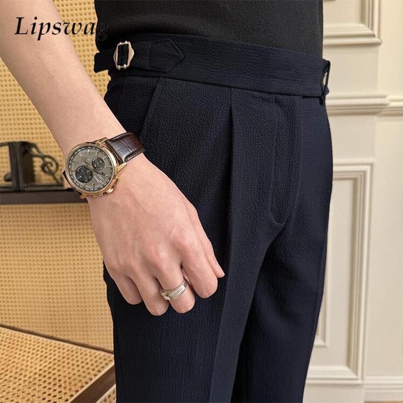 Italian Naples Trousers Men Vintage Solid Color Slim Straight Trousers Autumn Mens Trendy Belt High-